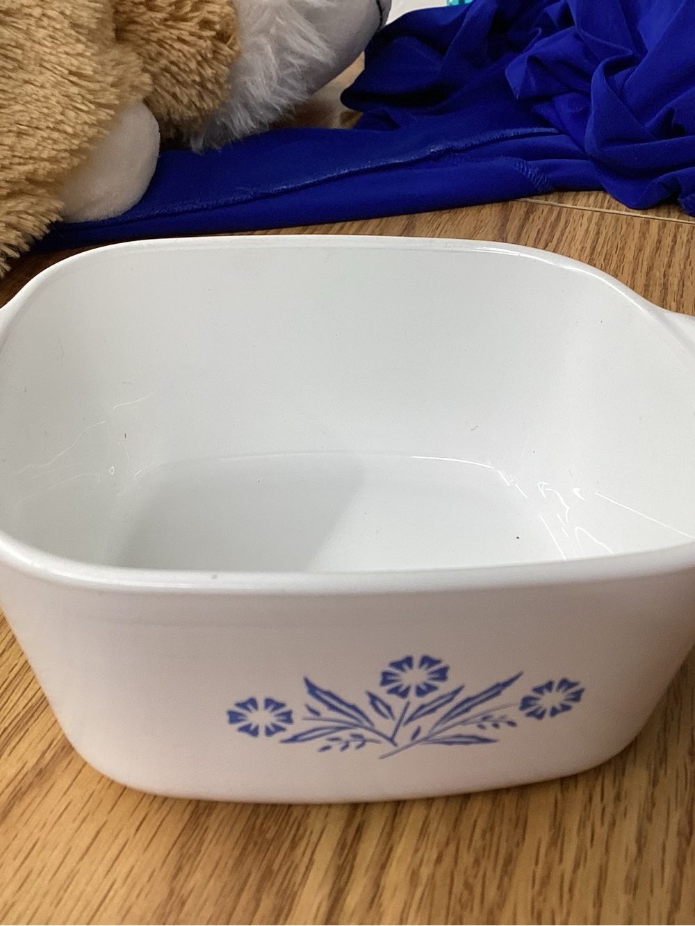Corningware White Ceramic Dish with black Logo and blue Floral Marking